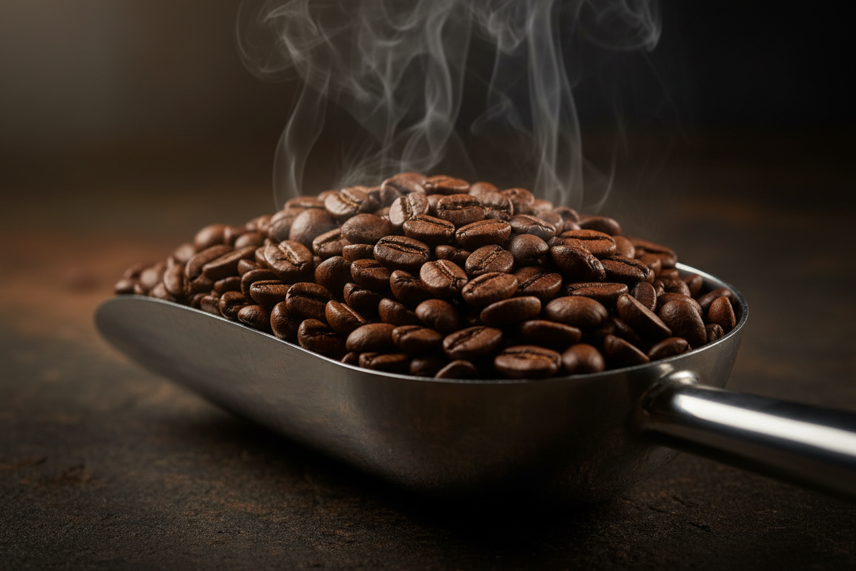 Coffee Scoop with Roasted Beans Steaming